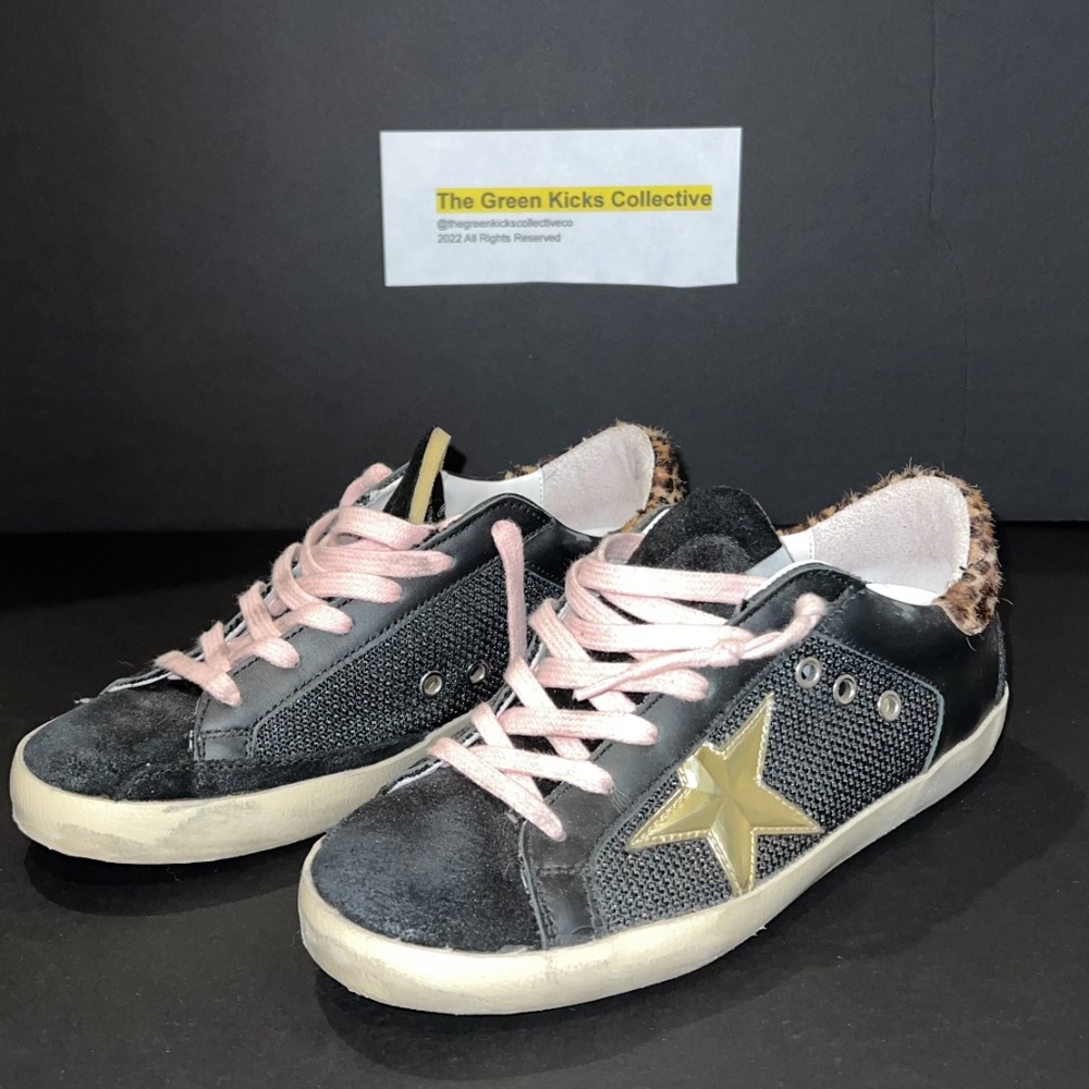 Golden Goose Superstar Sneaker in Black, Gold, & Beige Brown Leopard